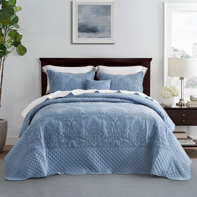 CHIXIN Bedspread Coverlet Set Queen Size  Lightweight Bedding Cover  Beautiful Stitching  4 Piece Reversible Bedspread  Luxury Damask Paisley Pattern Queen Ashley Blue