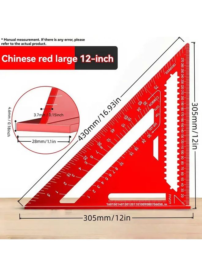 Red Aluminum Alloy Triangle Ruler Heavy Duty Angle Measuring Tool for Woodworking - Image 3