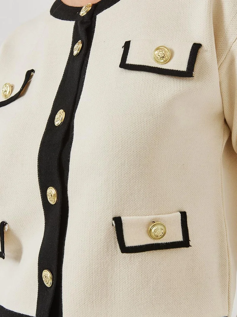 Bianco Lucci LUCCI Patterned Acrylic Crew Neck Cardigan with Pockets