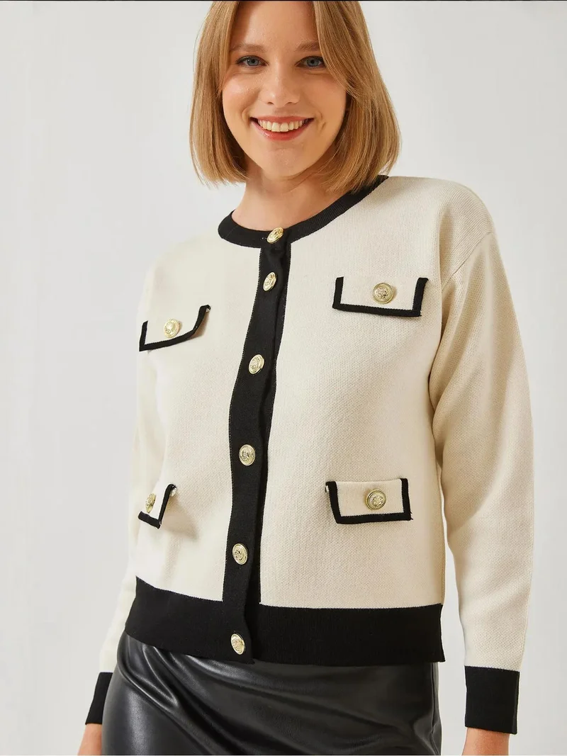 Bianco Lucci LUCCI Patterned Acrylic Crew Neck Cardigan with Pockets
