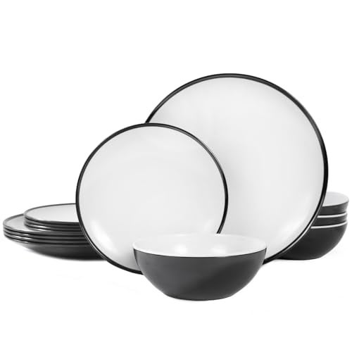 Webbylee Melamine Plates Set of 4 –12-Piece Serving Dinnerware for Indoor/Outdoor Use, Durable Dishwasher-Safe Plates‌,White and Black - Image 1