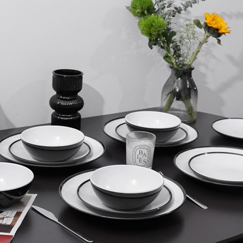 Webbylee Melamine Plates Set of 4 –12-Piece Serving Dinnerware for Indoor/Outdoor Use, Durable Dishwasher-Safe Plates‌,White and Black - Image 5