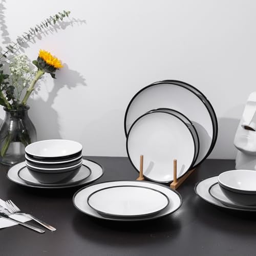 Webbylee Melamine Plates Set of 4 –12-Piece Serving Dinnerware for Indoor/Outdoor Use, Durable Dishwasher-Safe Plates‌,White and Black - Image 3