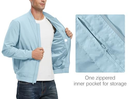 Rdruko Men's Lightweight Bomber Jacket Windproof Casual Fashion Windbreaker Jacket(Sky Blue, US S) - Image 4