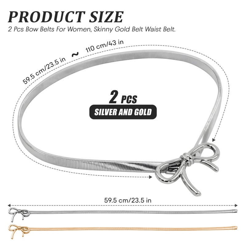 Philbinden 2 Pcs Belts For Women, Skinny Gold Belt Waist Belt, Adjustable Stretchy Fashion Waistband With Bow-Knot for Dresses Jeans (A-bow belts) - Image 2