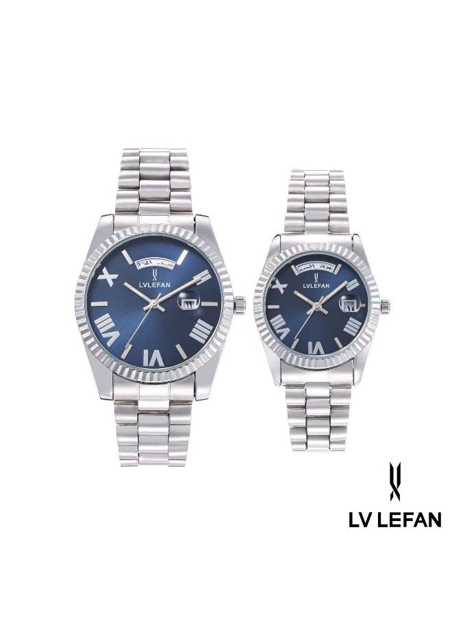 ليفان طقم ساعة يد للزوجين ضد الماء الفولاذ المقاوم للصدأ حزام زوجين الكوارتز ووتش مجموعة، الفاخرة مضيئة للماء التقويم ووتش هدية