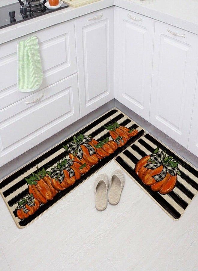 GEEORY Fall Kitchen Mats Set of 2, Striped Pumpkins Bowknot Floor Mat Farmhouse Seasonal Holiday Thanksgiving Decorations 17x29 and 17x47 Inch (Striped) GK068 - Image 3