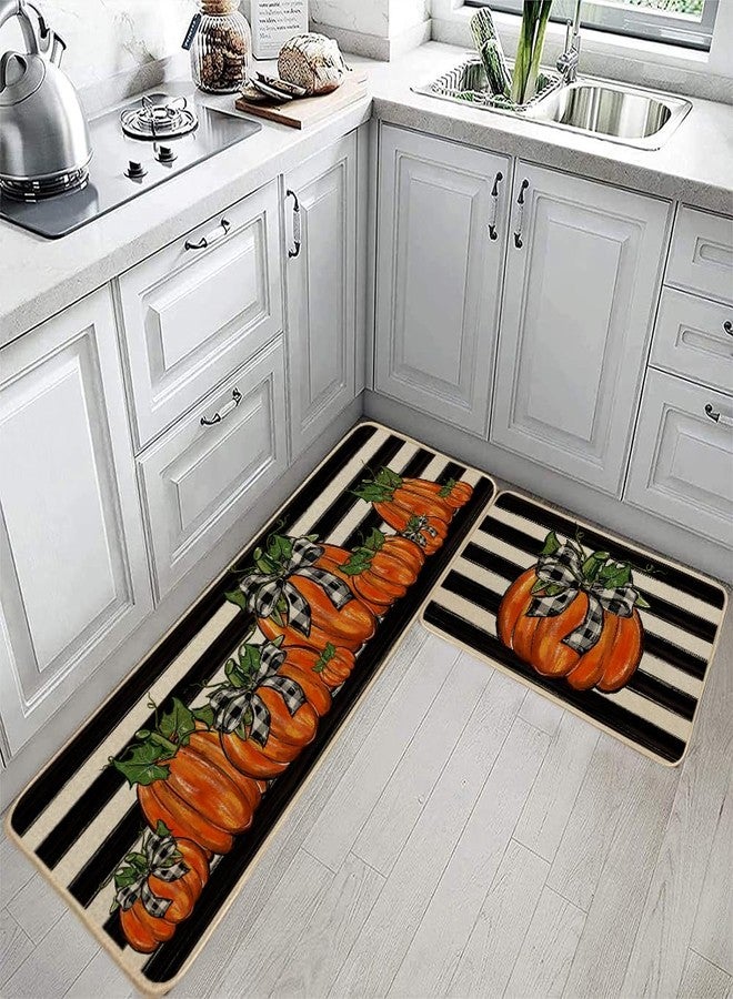 GEEORY Fall Kitchen Mats Set of 2, Striped Pumpkins Bowknot Floor Mat Farmhouse Seasonal Holiday Thanksgiving Decorations 17x29 and 17x47 Inch (Striped) GK068 - Image 2