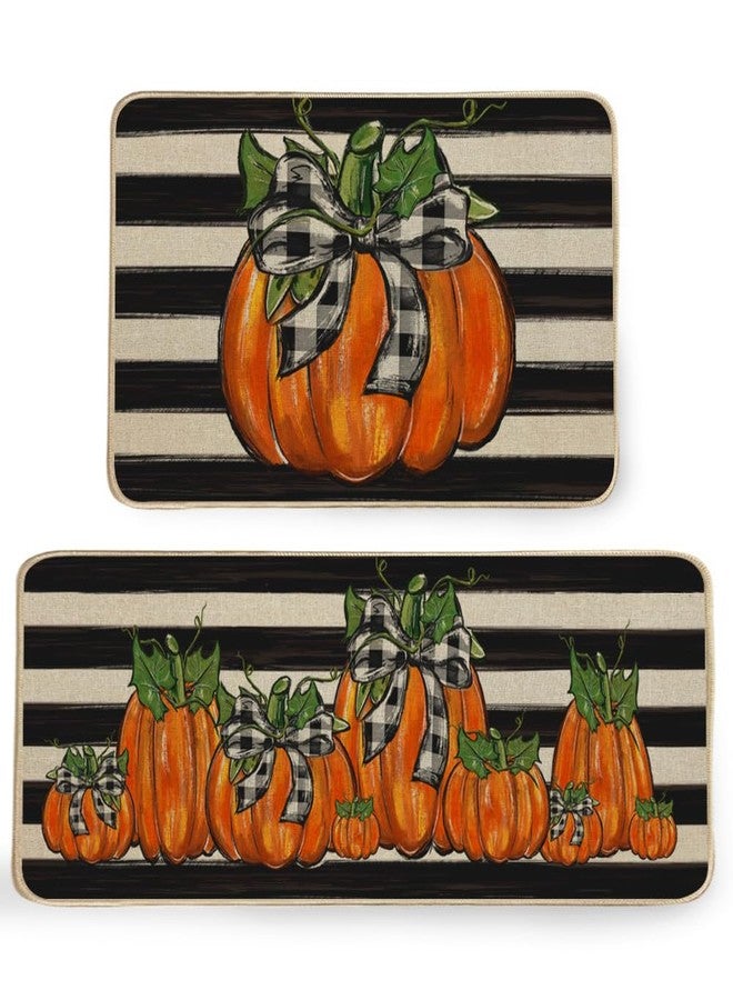 GEEORY Fall Kitchen Mats Set of 2, Striped Pumpkins Bowknot Floor Mat Farmhouse Seasonal Holiday Thanksgiving Decorations 17x29 and 17x47 Inch (Striped) GK068 - Image 1