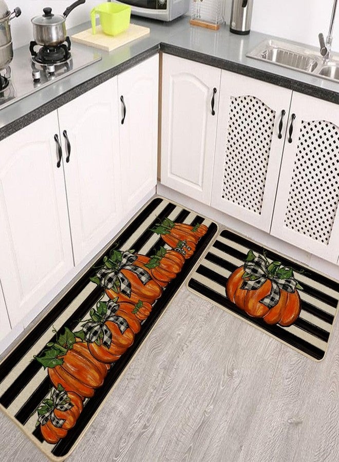 GEEORY Fall Kitchen Mats Set of 2, Striped Pumpkins Bowknot Floor Mat Farmhouse Seasonal Holiday Thanksgiving Decorations 17x29 and 17x47 Inch (Striped) GK068 - Image 4