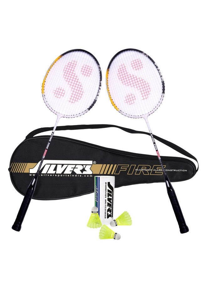 Silvers مجموعة كرة الريشة من سيلفر المصنوعة من الألمنيوم (2 مضرب مع غطاء كامل، 1 علبة كرات ريشة تحتوي على 3 كرات) أسود، ألمنيوم، مجموعة FIRE 2 مع كرات نيلون، أسود/أبيض - Image 1