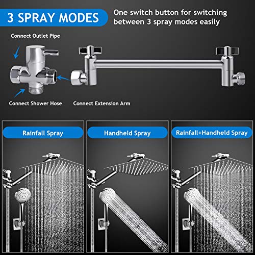 PinWin Shower Head Combo,10 Inch High Pressure Rain Shower Head with 11 Inch Adjustable Extension Arm and 5 Settings Handheld ,Powerful Shower Spray Against Low Pressure Water with Long Hose - Image 3