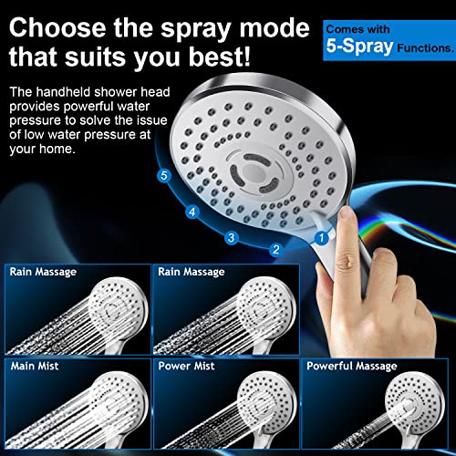 PinWin Shower Head Combo,10 Inch High Pressure Rain Shower Head with 11 Inch Adjustable Extension Arm and 5 Settings Handheld ,Powerful Shower Spray Against Low Pressure Water with Long Hose - Image 4