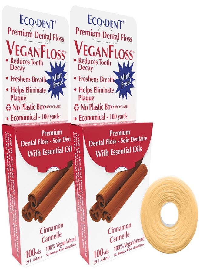 Eco-Dent VeganFloss Dental Floss, Waxed, Cinnamon - Floss with Vegan Plant-Based Wax, Recyclable Cardboard Packaging, 100 Yds (Pack of 2) - Image 1