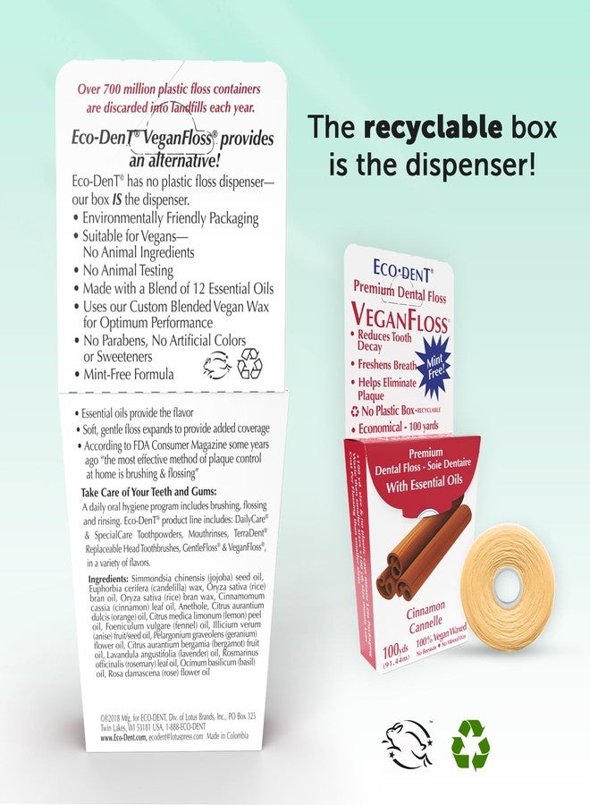 Eco-Dent VeganFloss Dental Floss, Waxed, Cinnamon - Floss with Vegan Plant-Based Wax, Recyclable Cardboard Packaging, 100 Yds (Pack of 2) - Image 2