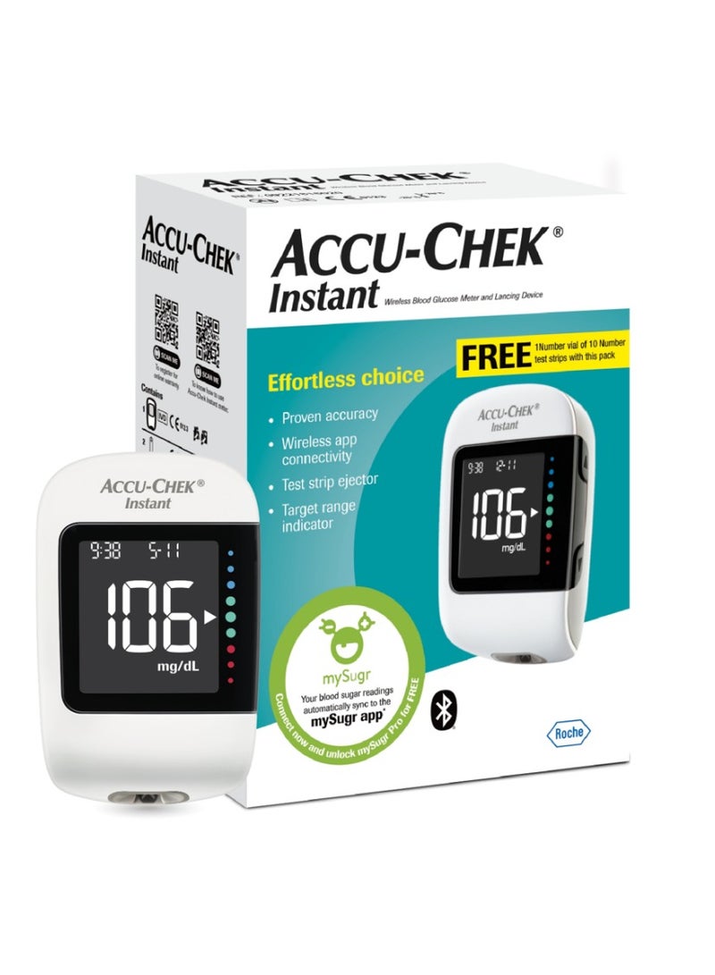 أكوا تشيك أنستانت جهاز قياس نسبة السكر في الدم الذكي الفوري من أكيوتشيك مع اتصال بلوتوث | طقم جهاز قياس السكر مع 10 شرائط + 10 مشارط + 1 جهاز وخز مجانًا