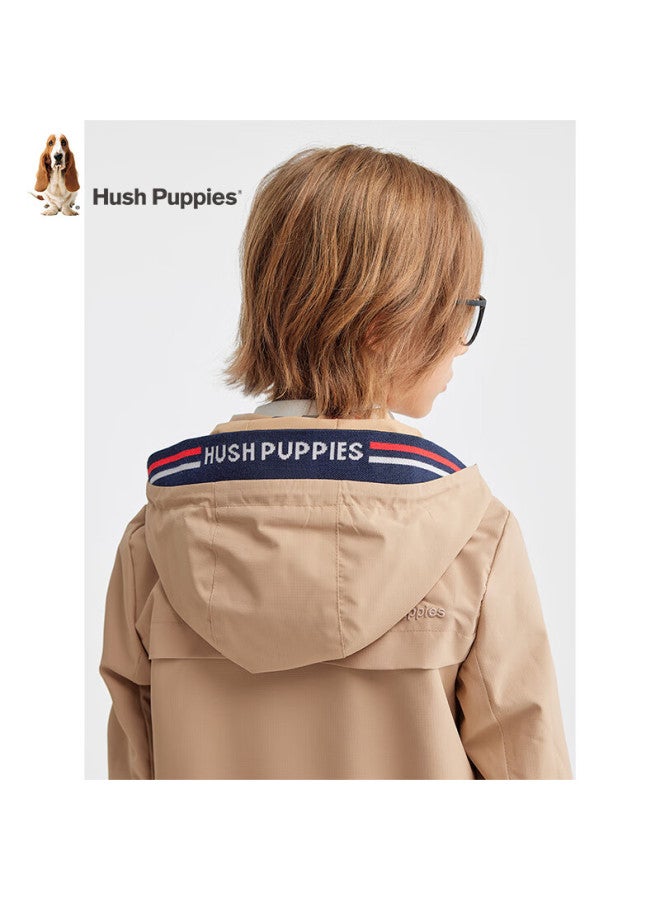 Hush Puppies Boys' Three-proof Jacket Coat For Autumn New Children's Outdoor Hooded Windbreaker Warm Khaki 160