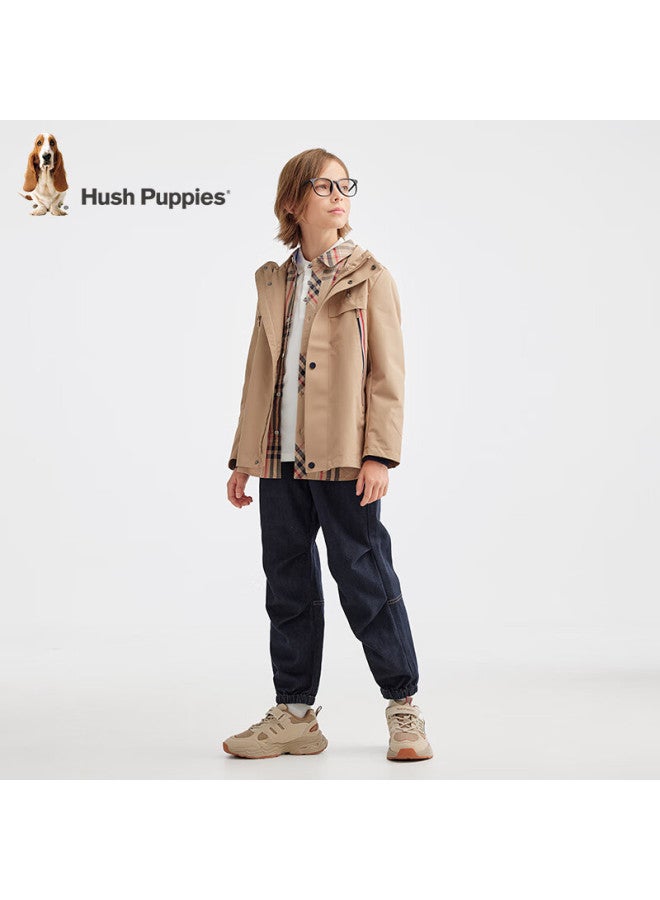 Hush Puppies Boys' Three-proof Jacket Coat For Autumn New Children's Outdoor Hooded Windbreaker Warm Khaki 160