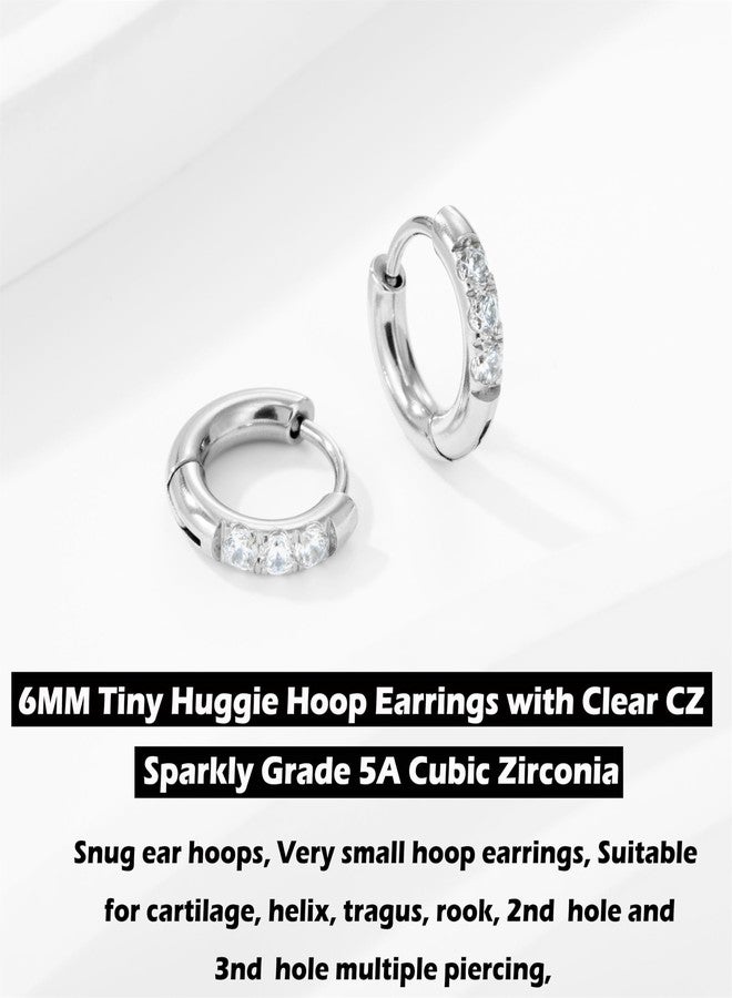 showself 6MM Mini Hoop Earring Silver - Tragus Helix Rook Cartilage Micro Ear Hoops Earring - Cubic Zirconia CZ Tiny Huggie Hoop Earrings for Women Men 20G - Image 2