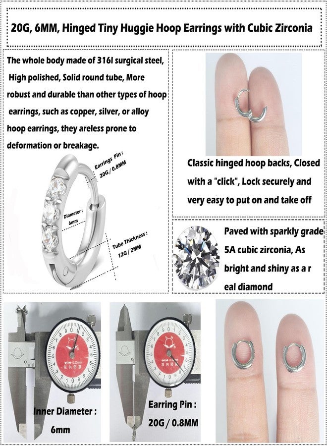 showself 6MM Mini Hoop Earring Silver - Tragus Helix Rook Cartilage Micro Ear Hoops Earring - Cubic Zirconia CZ Tiny Huggie Hoop Earrings for Women Men 20G - Image 3
