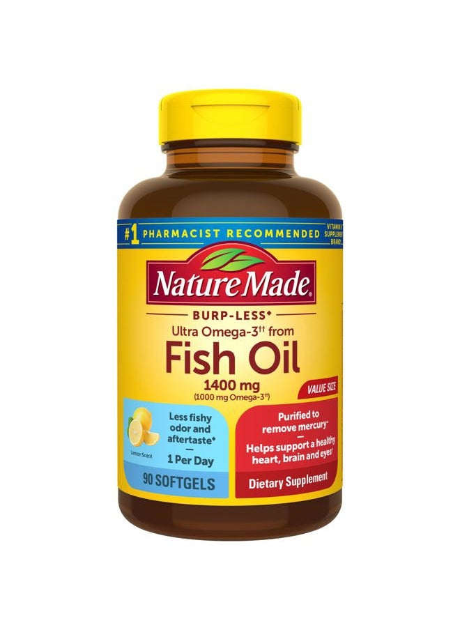 Nature Made - Burp Less Ultra Omega 3 Fish Oil Supplements 1400 mg, Omega 3 Supplement for Healthy Heart, Brain and Eyes Support, One Per Day, 90 Softgels - Image 1