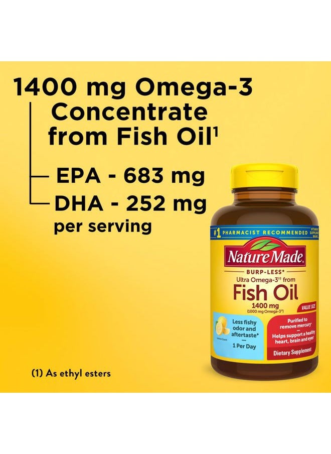 Nature Made - Burp Less Ultra Omega 3 Fish Oil Supplements 1400 mg, Omega 3 Supplement for Healthy Heart, Brain and Eyes Support, One Per Day, 90 Softgels - Image 1