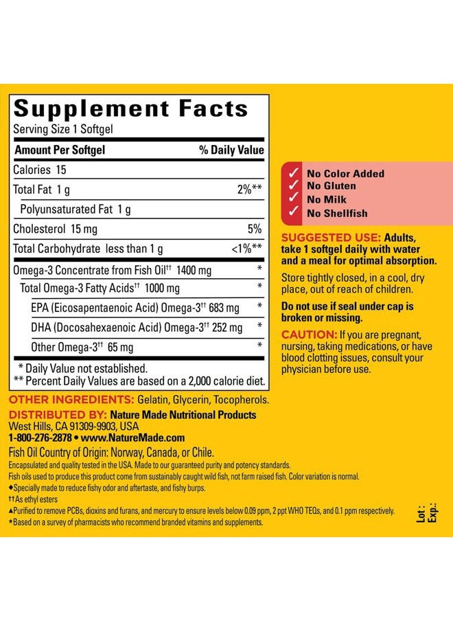 Nature Made - Burp Less Ultra Omega 3 Fish Oil Supplements 1400 mg, Omega 3 Supplement for Healthy Heart, Brain and Eyes Support, One Per Day, 90 Softgels - Image 1