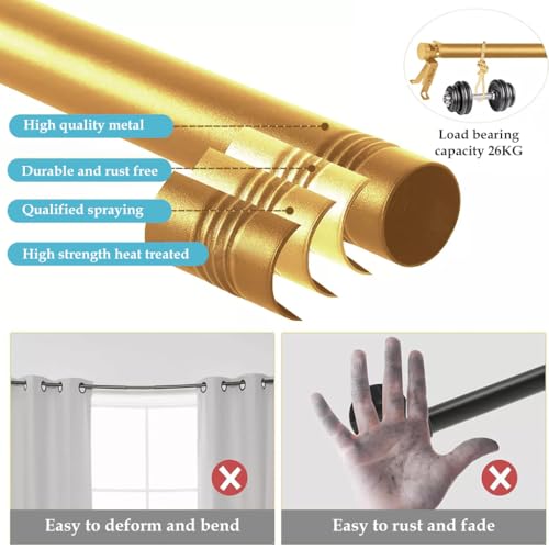 HASTHIP® Heavy Duty Curtain Rods for Windows 32"-84", Sturdy & Rust-Proof Curtain Rod, Adjustable Curtain Rod Set with Easy Installation and Modern Design, Golden - Image 3