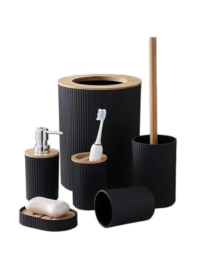 بيوينتي مجموعة اكسسوارات الحمام من فانتوريا، 6 قطع، فرشاة المرحاض، موزع الصابون، حامل فرشاة الاسنان، كوب، طبق صابون، سلة مهملات (اسود ار) - Image 1