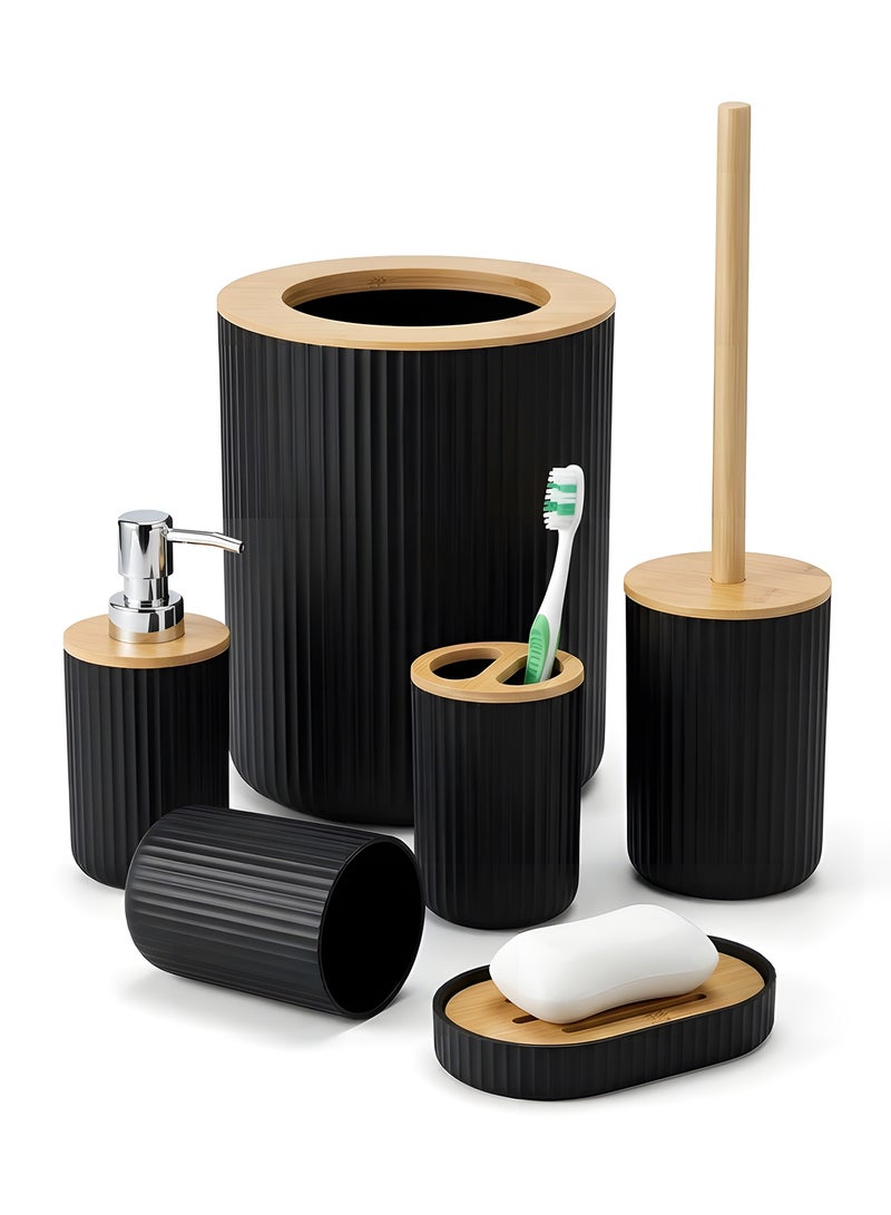 Beauenty Bathroom Accessories Set, 6 Pieces, Toilet Brush, Soap Dispenser, Toothbrush Holder, Cup, Soap Dish, Trash Can (Black R) - Image 1