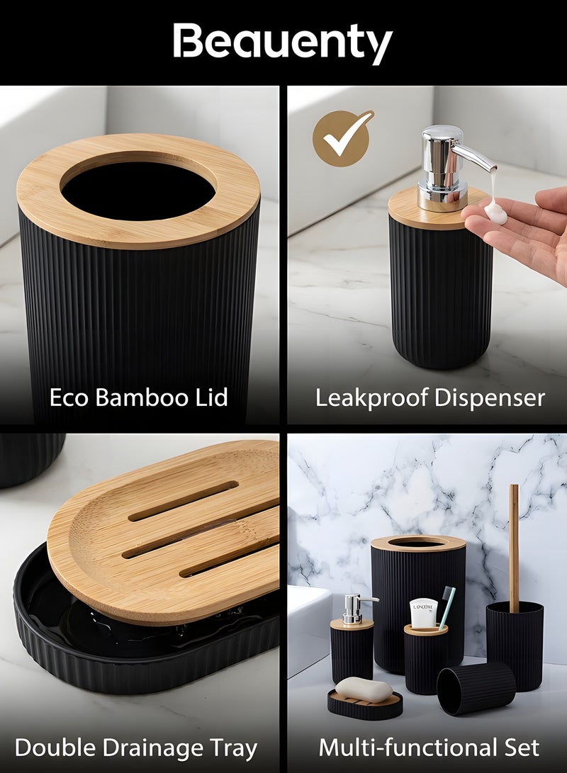 Beauenty Bathroom Accessories Set, 6 Pieces, Toilet Brush, Soap Dispenser, Toothbrush Holder, Cup, Soap Dish, Trash Can (Black R) - Image 3