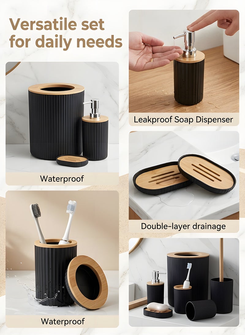 Beauenty Bathroom Accessories Set, 6 Pieces, Toilet Brush, Soap Dispenser, Toothbrush Holder, Cup, Soap Dish, Trash Can (Black R) - Image 5
