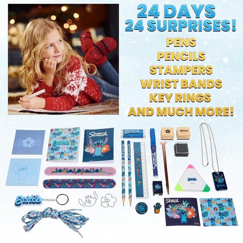 Disney Stitch Kids Advent Calendar 2025 with 24 Surprise Items, Keychain, Sticky Notes, Pencils, Stamps, Erasers, Notebooks, Gifts for Kids (Blue Stitch Stationery) - Image 3