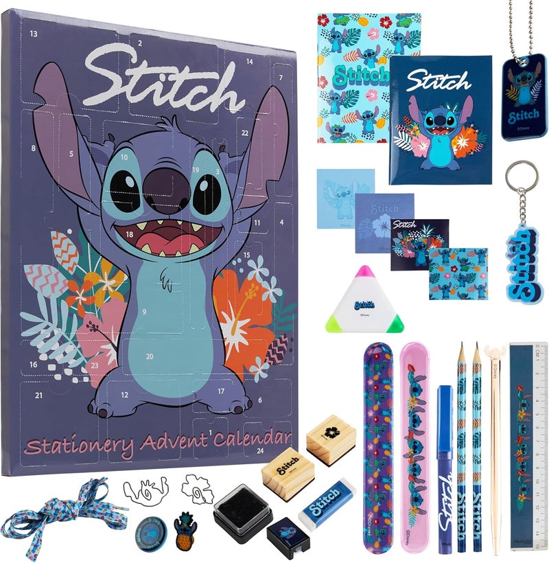 Disney Stitch Kids Advent Calendar 2025 with 24 Surprise Items, Keychain, Sticky Notes, Pencils, Stamps, Erasers, Notebooks, Gifts for Kids (Blue Stitch Stationery) - Image 1