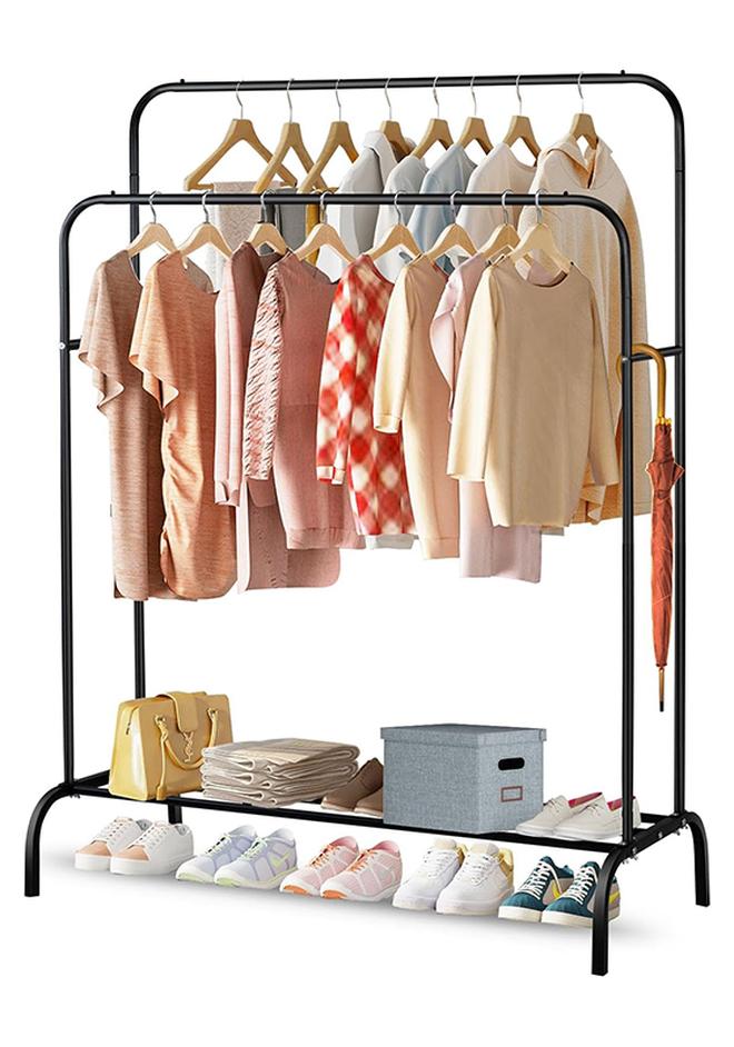 SKY-TOUCH Double-Rail Clothes Rack Heavy-duty Clothes Rack Metal Freestanding Clothes Rail Garment Hanging Rack with Bottom Shelf Hanging Rack Closet Organizer for Bedroom Black