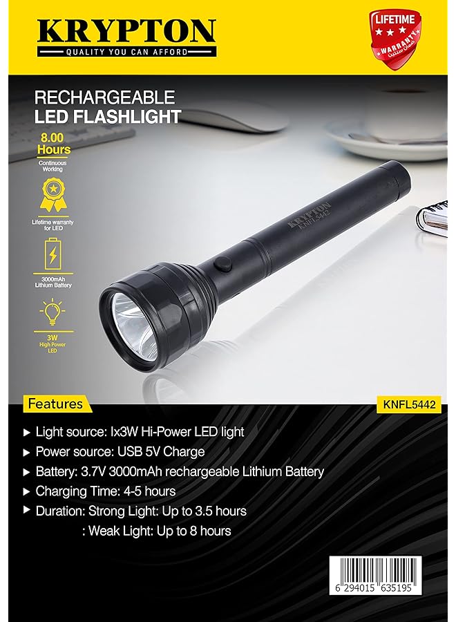 KRYPTON Rechargeable LED Flashlight USB Chargeable Torch KNFL5442 3W Hi Power LED Light 8 Hours Working Lifetime Warranty on CREE LED Ideal for Trekking Camping & More  - Image 5