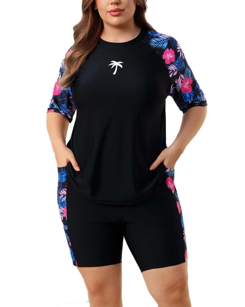 Halcurt Plus Size 2 Piece Rash Guard Full Coverage Built in Bra Swimsuit Sets Bathing Suit with Sleeves and Shorts Floral 2X - Image 1