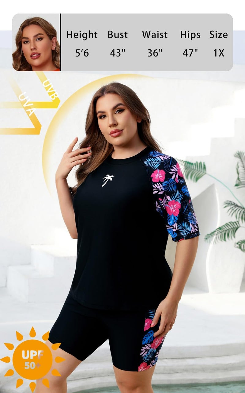 Halcurt Plus Size 2 Piece Rash Guard Full Coverage Built in Bra Swimsuit Sets Bathing Suit with Sleeves and Shorts Floral 2X - Image 4