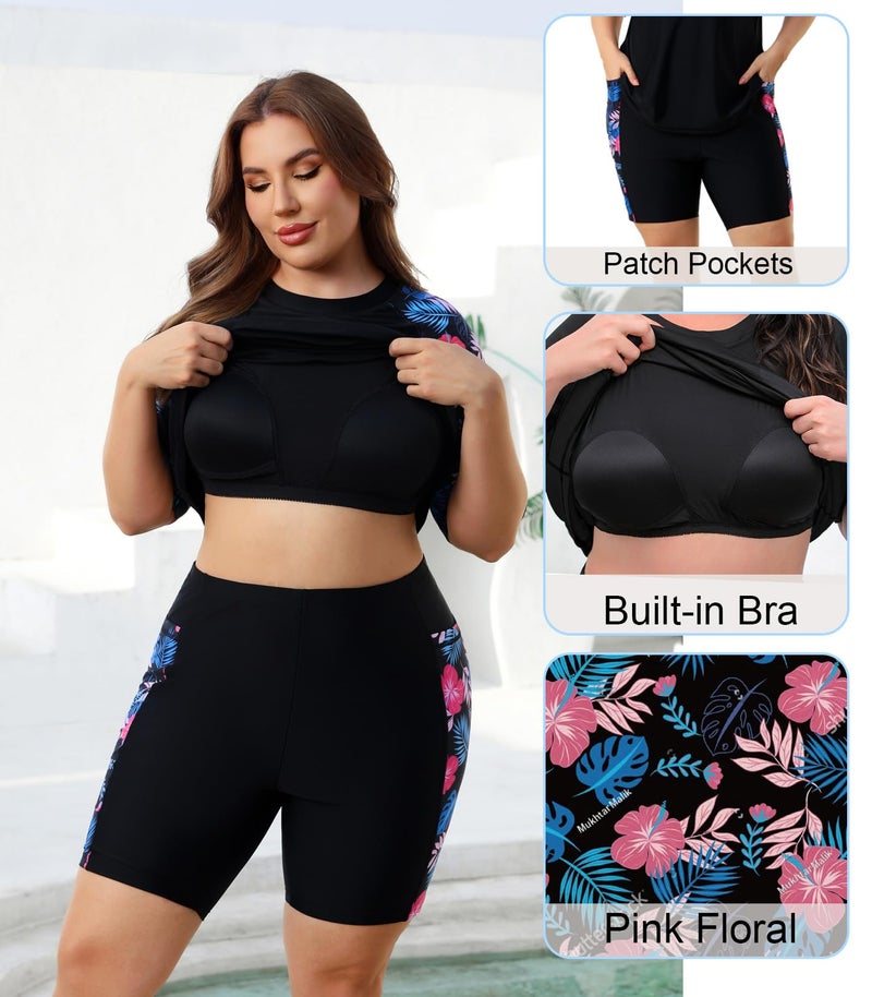 Halcurt Plus Size 2 Piece Rash Guard Full Coverage Built in Bra Swimsuit Sets Bathing Suit with Sleeves and Shorts Floral 2X - Image 5