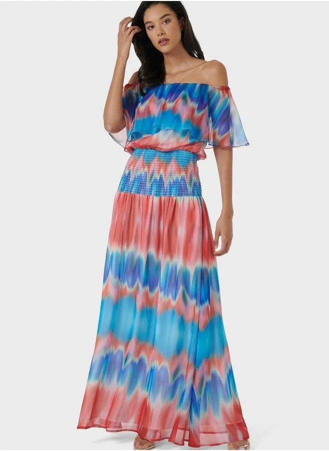 leem Off Shoulders Tie Dye Effect Dress