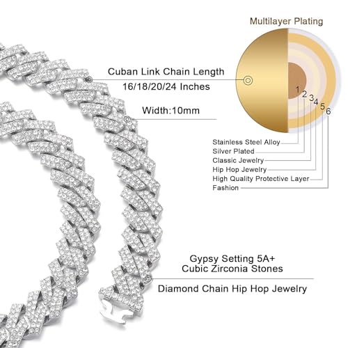 Saintda Miami Cuban Link Choker Necklace - Iced Out Diamond Chain for Men & Women (Silver-10mm-16inch) - Image 3