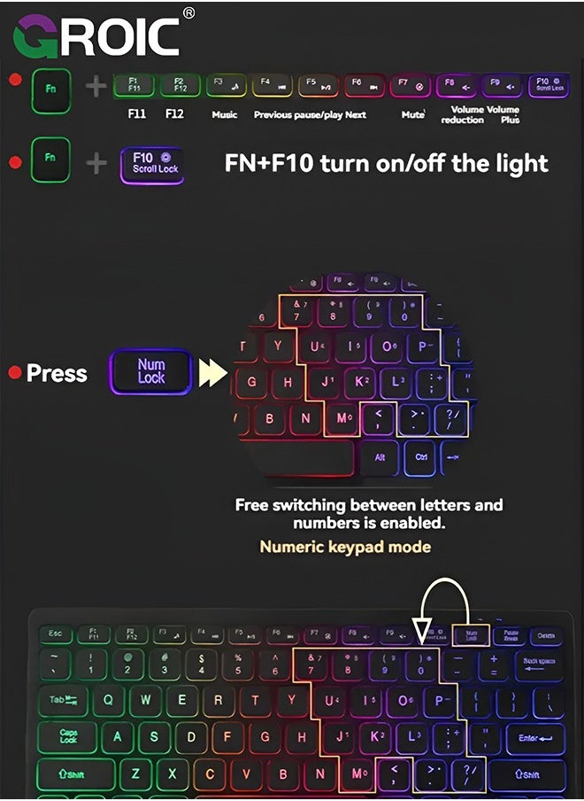GROIC Wired Gaming Keyboard, RGB Backlit Compact Mini Keyboard, Ultra-Lightweight USB Keyboard 78 Keys for PC Gamer, Typist, Travel, Easy to Carry on Business Trip  - Image 4