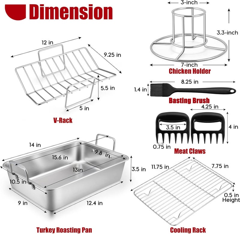 TeamFar صينية الشواء، 14 إنش صينية دجاج تركي من الفولاذ المقاوم للصدأ مع رف تبريد ورف V، حامل دجاج علبة بيرة/مخالب لحم/فرشاة، صحية وآمنة في غسالة الصحون، مجموعة من 7 - Image 2