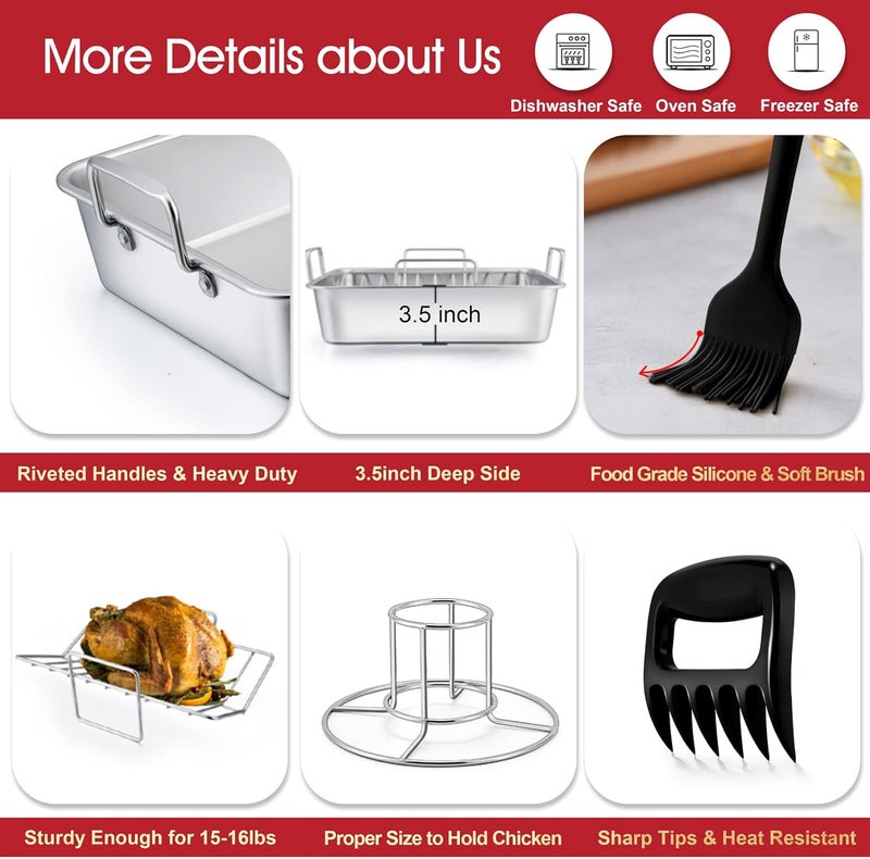 TeamFar صينية الشواء، 14 إنش صينية دجاج تركي من الفولاذ المقاوم للصدأ مع رف تبريد ورف V، حامل دجاج علبة بيرة/مخالب لحم/فرشاة، صحية وآمنة في غسالة الصحون، مجموعة من 7 - Image 3