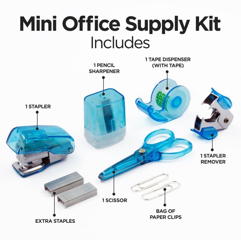 LD Products Blue Mini Office Supply Kit Portable Case with Scissors, Paper Clips, Tape Dispenser Set, Pencil Sharpener, Mini Stapler with Staples and Staple Remover - Image 2