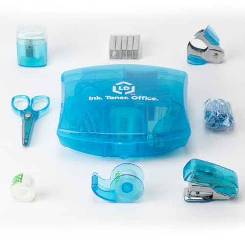 LD Products Blue Mini Office Supply Kit Portable Case with Scissors, Paper Clips, Tape Dispenser Set, Pencil Sharpener, Mini Stapler with Staples and Staple Remover - Image 1