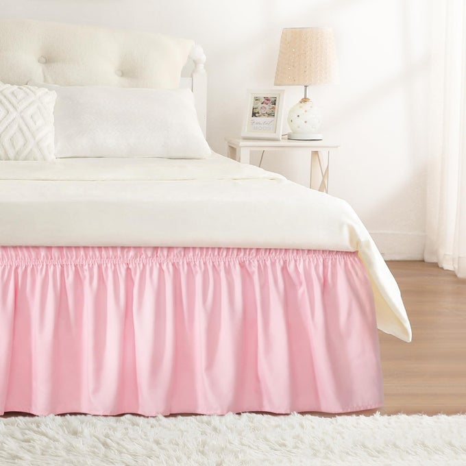 PINK BED SKIRT QUEEN SIZE 15 INCH DROP ELASTIC WRAP AROUND DUST RUFFLE SOLID BEDDING BEDSKIRT SOFT MICROFIBER FABRIC MACHINE WASHABLE EASY TO INSTALL