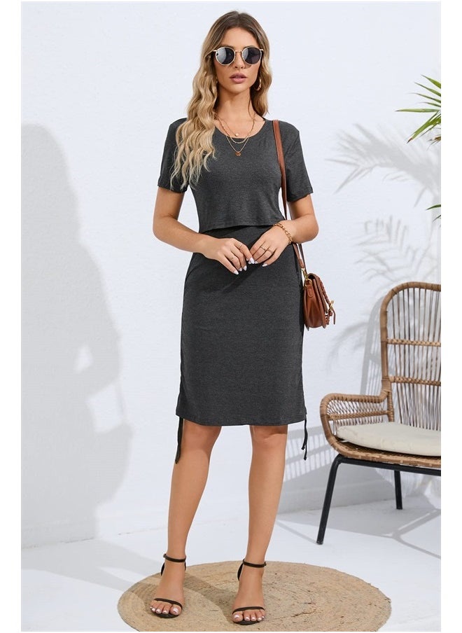 Sosolism - 4 in 1 Women's Maternity Nursing T-Shirt Dress for Breastfeeding Solid Short Sleeve Top - Image 1