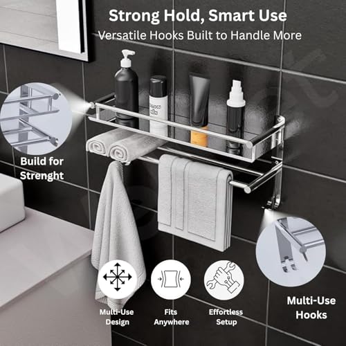 Well Set Stainless Steel Bathroom Wall Shelf with Railing & Towel Holder | Wall Mounted Multipurpose Rack for Bathroom, Kitchen & Living Room | Durable Chrome Finish (16x10 Inch) - Image 4