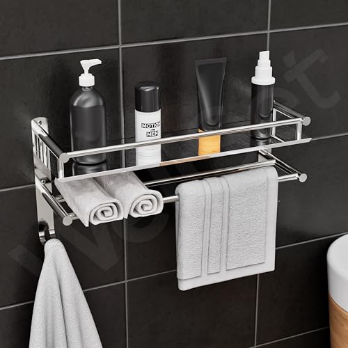 Well Set Stainless Steel Bathroom Wall Shelf with Railing & Towel Holder | Wall Mounted Multipurpose Rack for Bathroom, Kitchen & Living Room | Durable Chrome Finish (16x10 Inch) - Image 1